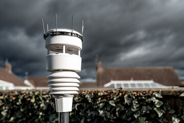 Advanced weather and climate sensor barrage showing ultrasonic wind sensors together temperature,...