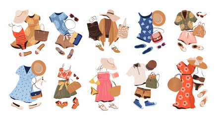 Outfits set in casual style for women. Fashion clothing, accessories, swimwear, bags, shoes for spring, summer and vacation. isolated flat vector illustrations on white background. Clip art.