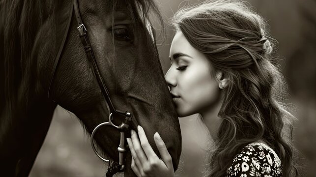 Portrait of a beautiful young woman with a horse. Black and white photo