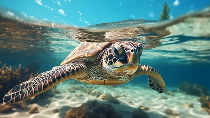 Green sea turtle swimming underwater in the ocean.