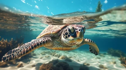  Green sea turtle swimming underwater in the ocean. © TAMA KUN