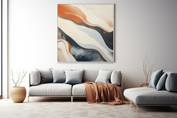 Abstract Living Room Sofa Home Interior with Black, Yellow, and Gold Picture Frames, Square and Circle Geometric Shapes, Grunge Texture Wall, Watercolor Painting Wall Pattern Art Gallery