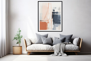 Abstract Living Room Sofa Home Interior with Black, Yellow, and Gold Picture Frames, Square and Circle Geometric Shapes, Grunge Texture Wall, Watercolor Painting Wall Pattern Art Gallery