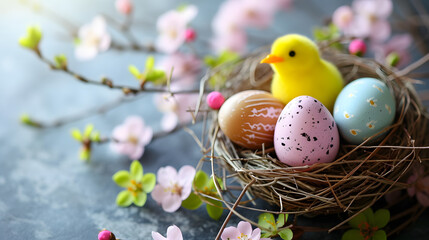 Fototapeta na wymiar Yellow Bird Perching on Nest With Eggs