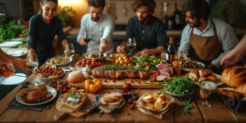 Friends enjoying a delightful evening . Rastic wooden table surrounded by a vibrant array of fresh and healthy ingredients.