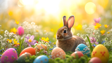Fototapeta na wymiar Rabbit Sitting in Field of Flowers and Eggs