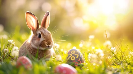 Zelfklevend Fotobehang Rabbit Sitting in Grass Beside Eggs © Reiskuchen