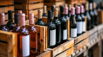 wine bottles in wood box. wine store, wine cellar.