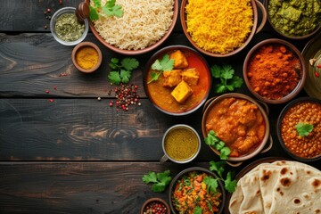 Assorted Indian food on dark wooden background.