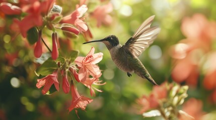 Fototapeta premium A Hummingbird Flying Over a Colorful Bouquet of Flowers, Spring