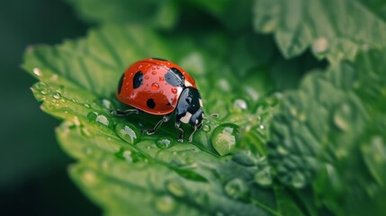 Fototapeta premium Ladybug Resting on a Green Leaf, Spring