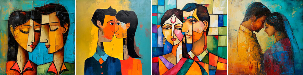 Abstract portrait of Indian couple with minimal details Large colorful shapes create a cool and vibrant look Wet oil painting technique adds texture and depth to the artwork