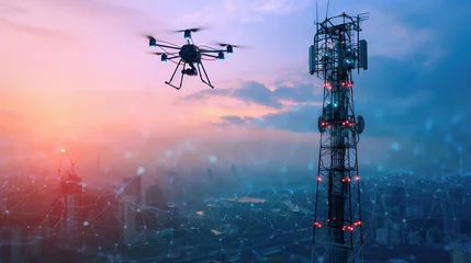 Fotobehang UAV drone flying near 5G cellular antenna during dramatic sunset, communication network. Telecommunication, smart city, Internet of Things © Klymentii