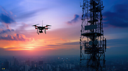 UAV drone flying near 5G cellular antenna during dramatic sunset, communication network. Telecommunication, smart city, Internet of Things