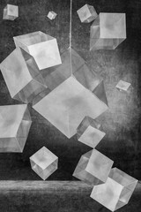 Black and white abstract collage with geometric shapes