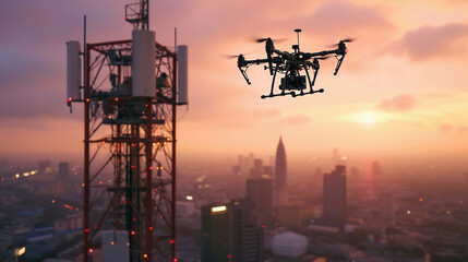 UAV drone flying near 5G cellular antenna during dramatic sunset, communication network. Telecommunication, smart city, Internet of Things