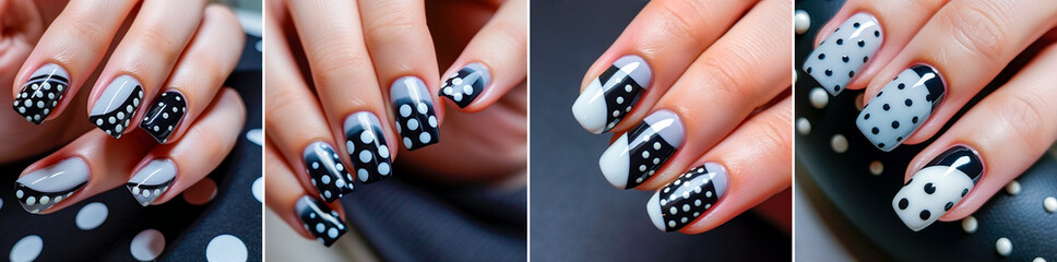 Create a playful and stylish manicure with black and white polka dots. Experiment with dots of different sizes and colors to create a fun and unique look. Get trendy gel nails that last longer - obrazy, fototapety, plakaty