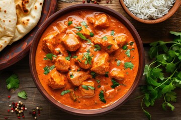 Spicy chicken tikka masala  curry  naan bread. Traditional Indian British dish.