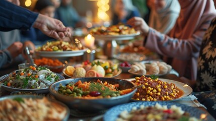 Group of People Standing Around a Table Filled With Plates of Food, Ramadan