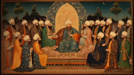 An ancient painting portraying the Khalifa or Muslim sultan, exuding power and authority in its depiction.