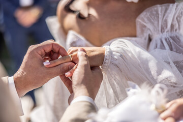 Detail of groom putting a ring on a finger of the bride.