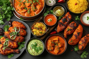 indian food feast with chicken tikka masala curry  tandoori chicken and appetizers - obrazy, fototapety, plakaty