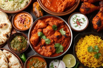 indian food feast with chicken tikka masala curry  tandoori chicken and appetizers
