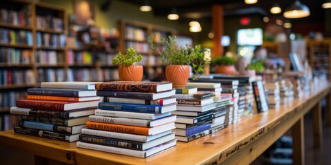 Stacked books on a table with potted plants in a modern bookstore cafe - obrazy, fototapety, plakaty