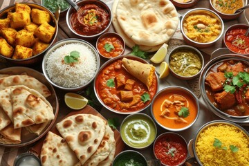 Fototapeta na wymiar Indian food Indian food including curries rice samosas and naan bread. Indian food