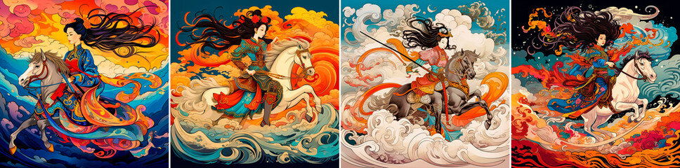 Woman riding a horse wearing medieval Chinese armor. Fire and Japanese elements included in the design. Cartoon hand stylized colorful swirl clouds add vibrancy.