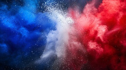 Vibrant tricolor French flag explosion with blue, white, and red holi powder on isolated backdrop, representing the celebration, soccer, and tourism of France in Europe.