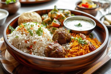 Indian meal thali with mutton biryani and gulab jamun. - obrazy, fototapety, plakaty