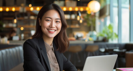 Fototapeta premium Portrait of smiling Asian businesswoman using laptop in the coffee shop.