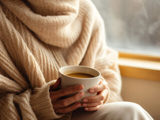 A person savors a moment of tranquility while relishing a steaming cup of hot beverage.