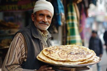 Male vendor selling paratha with chhola kulcha at his roadside food stall
