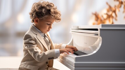Little boy playing piano in special moment with harmony