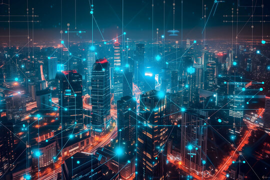 Abstract concept of a smart city with interconnected data points and network lines highlighting connectivity and data analysis over an urban landscape at night.
