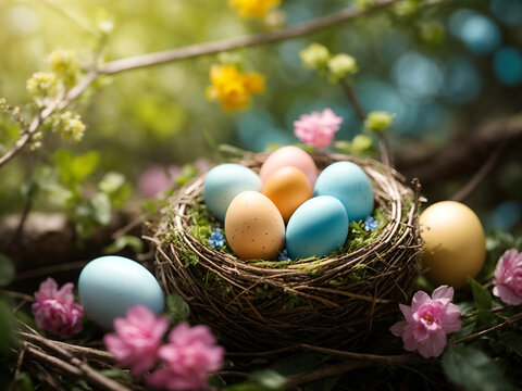 easter eggs in bird's nest on tree branch with flowers and springtime nature background
