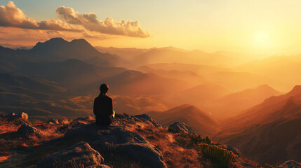A woman is meditating on the edge of a cliff with a very beautiful view of the mountains at sunset. Woman sitting on the edge of a mountain cliff - 727221772