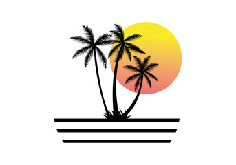 retro sunset palm tree vector icon logo illustration template white background