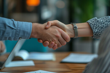 Fototapeta na wymiar Close up of two business people shaking hands in the office. Handshake concept.