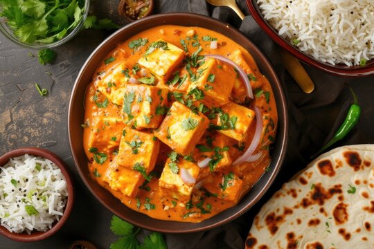 Shahi paneer   Butter Paneer with cumin rice  overhead view
