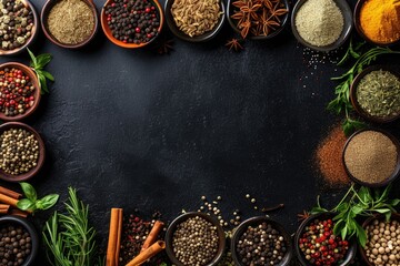 Fototapeta na wymiar Wide variety spices and herbs on background of black table with empty space for text or label.