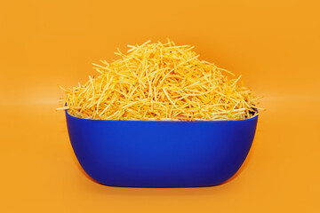 EXTRA THIN STRAW POTATOES IN VESSEL ON ISOLATED COLORFUL BACKGROUND