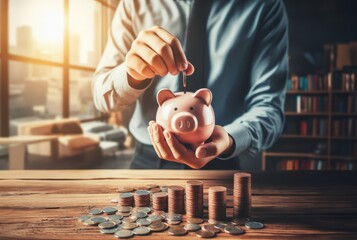Businessman holding piggy bank on wood table. Save money and financial investment - obrazy, fototapety, plakaty