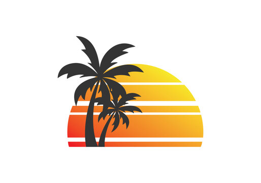 retro sunset palm tree vector icon logo illustration template white background