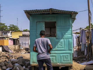 A person in slum using a communal outdoor toilet, surrounded by dilapidated surroundings.