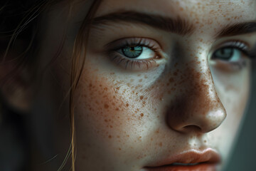 Specks of Beauty: Captivating Close-Up of a Freckled Womans Face
