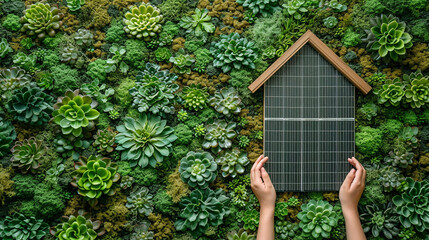 Hands holding a small house with solar panels on the green background