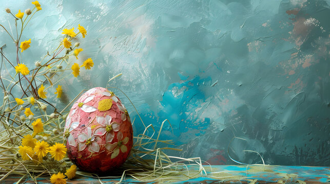 A Painting of an Egg and Flowers on a Table